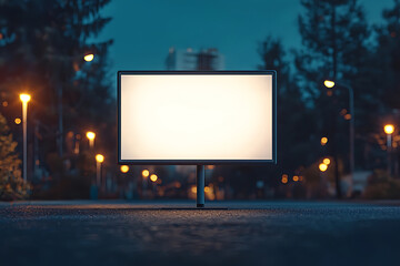 Illuminated blank billboard in a park setting at dusk with blurred lights in the background.