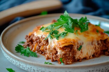 Fototapeta premium A delicious slice of cheesy beef lasagna is placed on a decorative plate, topped with fresh parsley, in a warm kitchen atmosphere, showcasing a homely meal