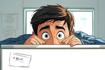 Cartoon man peeks over a whiteboard eyes wide with fear or surprise inside an office setting.
