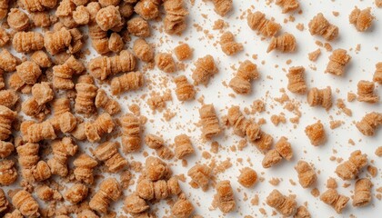 Close-up of Textured Vegetable Protein Crumbles Scattered on White Surface