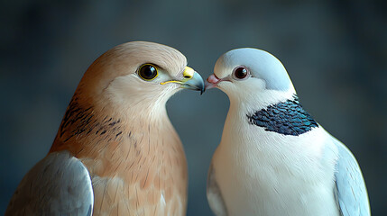 Two birds face each other closely, one brown and one pale blue with dark feathers, against a blurred background.