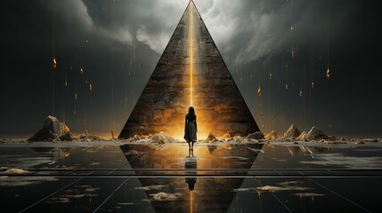 Reflection of mystery: a figure and the pyramid's light