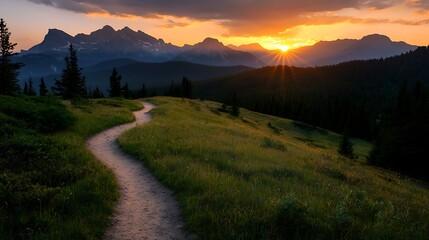 Fototapeta premium Winding Path to Sunset Mountain Range