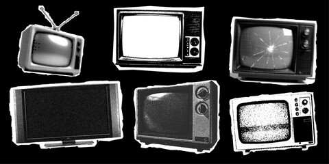 Collection halftone television receivers. Set on isolated background. Modern retro grunge vector illustration TV  with dots texture. Dotted photocopy. Halftone collage sticker
