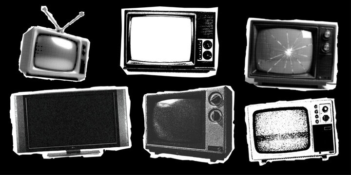 Collection halftone television receivers. Set on isolated background. Modern retro grunge vector illustration TV  with dots texture. Dotted photocopy. Halftone collage sticker
