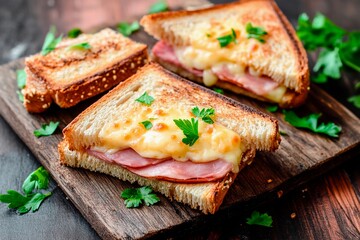 Savory sandwiches with golden brown toasted bread, layered with ham and melted cheese, garnished with fresh parsley on a wooden serving board