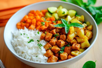 Brightly colored bowl features rice, seasoned tofu, and a mix of diced carrots and zucchini. Fresh basil tops the dish, enhancing its vibrant appearance and flavor