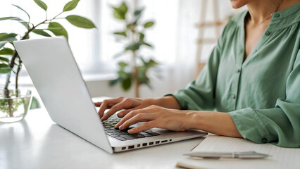 Fototapeta premium Hands, typing and woman in home office with laptop, research or networking for freelance project. Remote work, connectivity and girl at desk writing email, report or online review for business plan