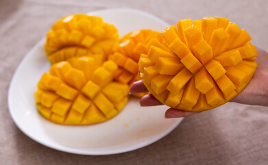 On plate - parts of cut ripe mango. Female hand holds one half of cubed orange mango. Sackcloth background