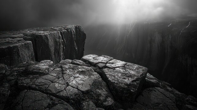 Dramatic black and white clifftop landscape.