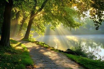 Obraz premium as sun smoothly ascends its toasty light brushes quiet of daybreak cloaking planet in a tranquil hold and rousing earth with a tender push 