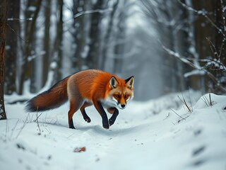 Obraz premium Majestic Red Fox in Winter Wonderland Forest, Snowy Trail & Wildlife Photography, Winter Scene, Nature's Beauty.