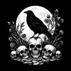Fototapeta premium Dark and detailed black-and-white artwork featuring a crow standing on a skull, surrounded by eerie flowers. A crescent moon looms in the background, creating a gothic and metal band aesthetic.