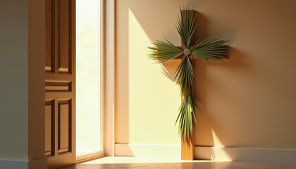 Fototapeta premium Wooden cross with palm leaves by sunlit doorway