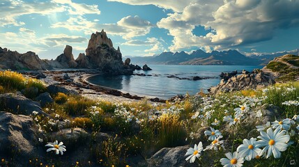 A beautiful coastal landscape featuring flowers rocks and mountains