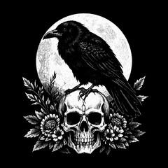 Fototapeta premium Dark and detailed black-and-white artwork featuring a crow standing on a skull, surrounded by eerie flowers. A crescent moon looms in the background, creating a gothic and metal band aesthetic.
