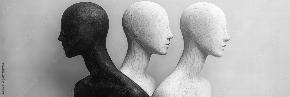 Poster black and white figures representing emotion and expression in a simplistic style