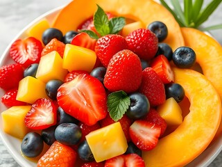 Obraz premium Delicious & Healthy Fruit Salad Strawberries, Blueberries, Cantaloupe, Mint, Fresh Meal for Breakfast, Lunch, or Snack.