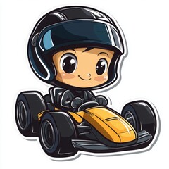 Adorable cartoon illustration of a young boy of Asian descent in a racing kart.  He's wearing a helmet and focused on the race. Bright colors and fun style!