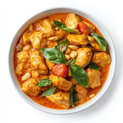 Chicken Curry Delight: A close-up, appetizing shot of a rich, flavorful chicken curry served in a white bowl, garnished with fresh basil leaves.