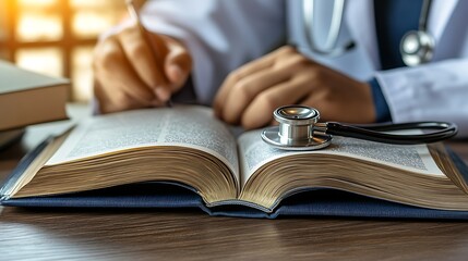 Doctor studying medical book at desk with stethoscope
