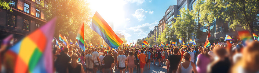 A gay pride festival in a city square with a rainbow flag and people. An outdoor party of the lgbtq community, with a wide angle view of people holding colorful flags on a blurred background on a sunn