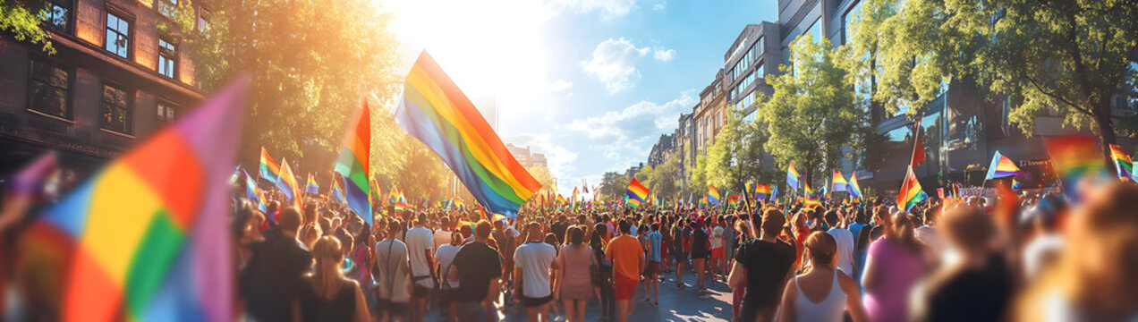 A gay pride festival in a city square with a rainbow flag and people. An outdoor party of the lgbtq community, with a wide angle view of people holding colorful flags on a blurred background on a sunn
