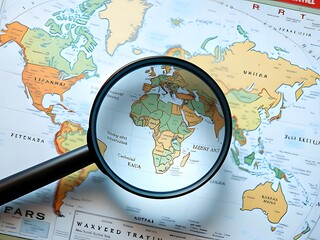 World Map with Magnifying Glass Focusing on Africa - Exploration, Research, Discovery, Geography.
