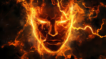 An electrifying face made of jagged lightning and blazing fire, exuding an intense, energetic force. Blazing Luminance. Illustration