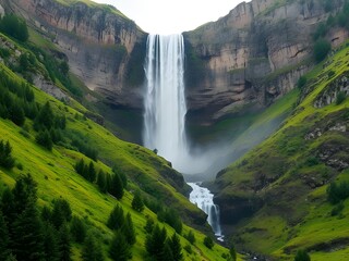 Majestic Waterfall Cascading Down Rocky Cliffs Surrounded by Lush Green Hills, Nature's Beauty.