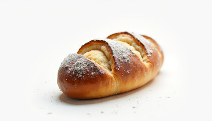 Fototapeta premium Sweet brioche bun with powdered sugar on white background