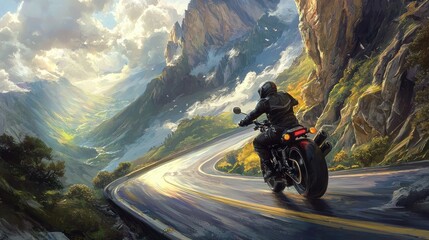 Obraz premium Motorcyclist riding on a winding mountain road.