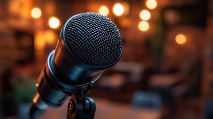 Microphone on stage with blurred lights in background for performance or podcast