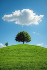 A green grassy hill with a blue sky and white clouds with a lone tree