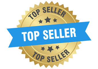 top seller. top seller round blue and gold label isolated on transparent background