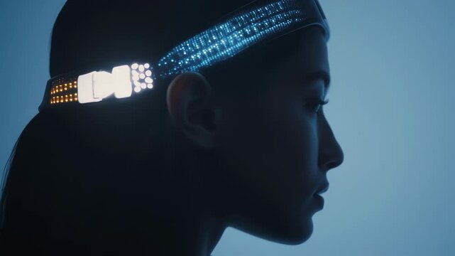 Futuristic neural monitoring headset scanning brain signals of woman, displaying changing color patterns in profile against clean blue background, representing neurotechnology research