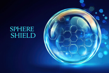 Creative graphic layout featuring a transparent sphere shield on a dark background