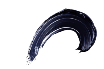Black cosmetic product swatch on a white background, isolated, with a curved brush stroke