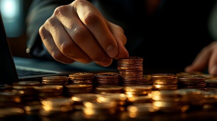 Businessman Analyzing Financial Data on Laptop, A businessman in a suit working on a laptop, surrounded by coins and digital financial data overlays