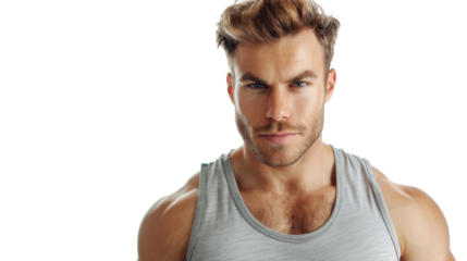 Portrait of serious young man with athletic build on transparent background