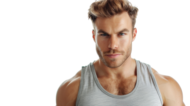 Portrait of serious young man with athletic build on transparent background