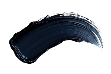 Black cosmetic product swatch on a white background, isolated, with a curved brush stroke