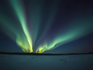Captivating Northern Lights Display Green Aurora Borealis over Snowy Landscape at Night.