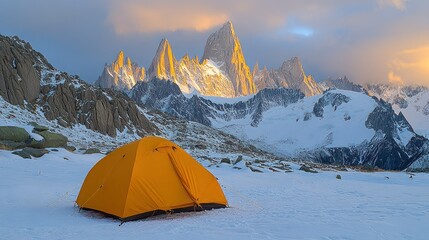 Snowy alpine campsite at dawn, with iconic mountains