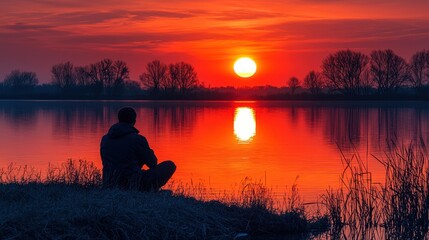 A silhouette of a person sitting at the edge of a lake, gazing out over the water as the sun sets, casting a golden glow across the surface. 