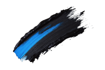 Black cosmetic product swatch on a white background, isolated, with a curved brush stroke