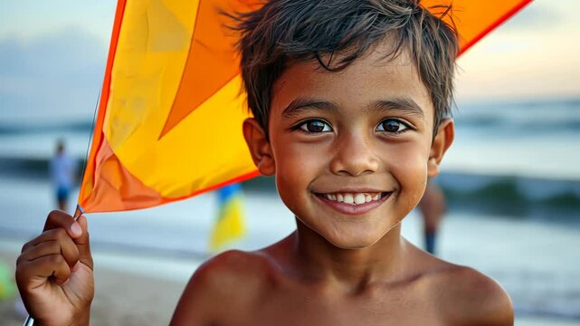 Joyful child flying a bright kite on a sunny beach with happy expressions