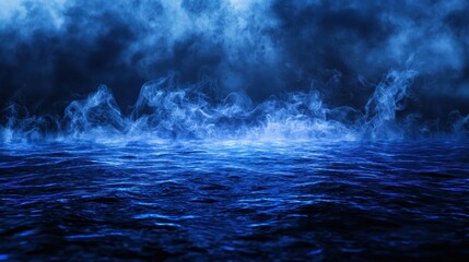 Dark blue water reflecting smoky, stormy sky.