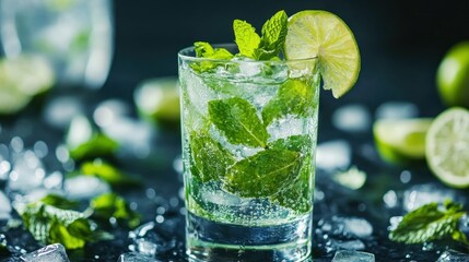 Fototapeta premium Refreshing Mojito cocktail on dark surface