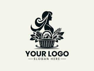 Woman with Vegetable Basket Vector Logo Illustration, Female Farmer Illustration Logo